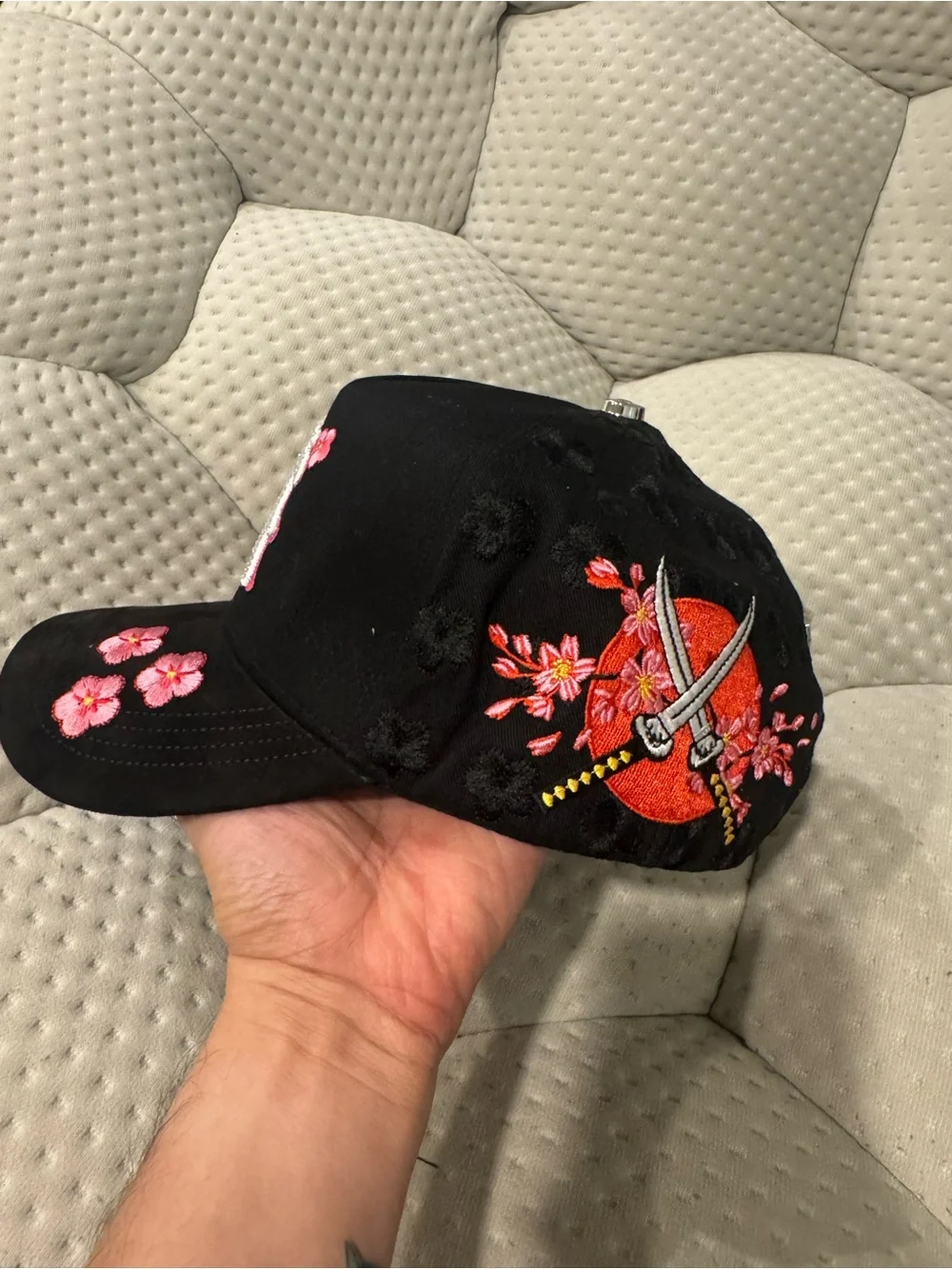 Black Baseball LA Cap with Rhinestones Pink Dragon Embroidery and Cherry Blossom